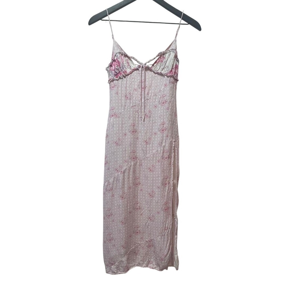 For Love & Lemons Taylor Midi Dress XXS Floral Satin Slit Cottagecore Romantic - Picture 6 of 12